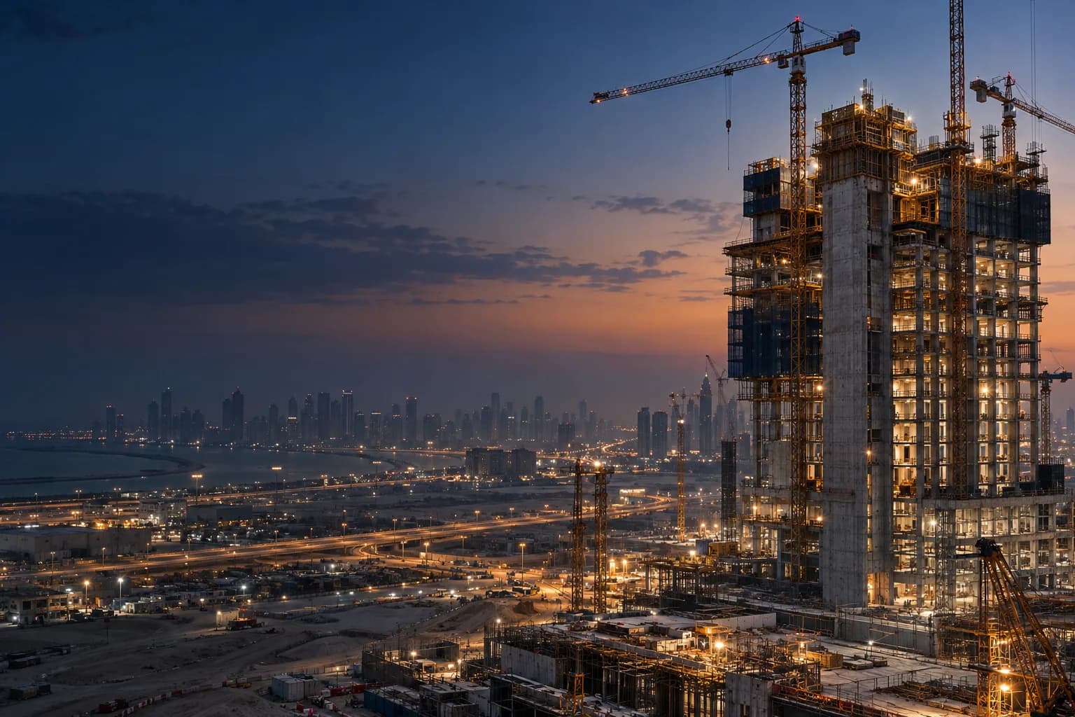 Illustrative wide construction view at dusk